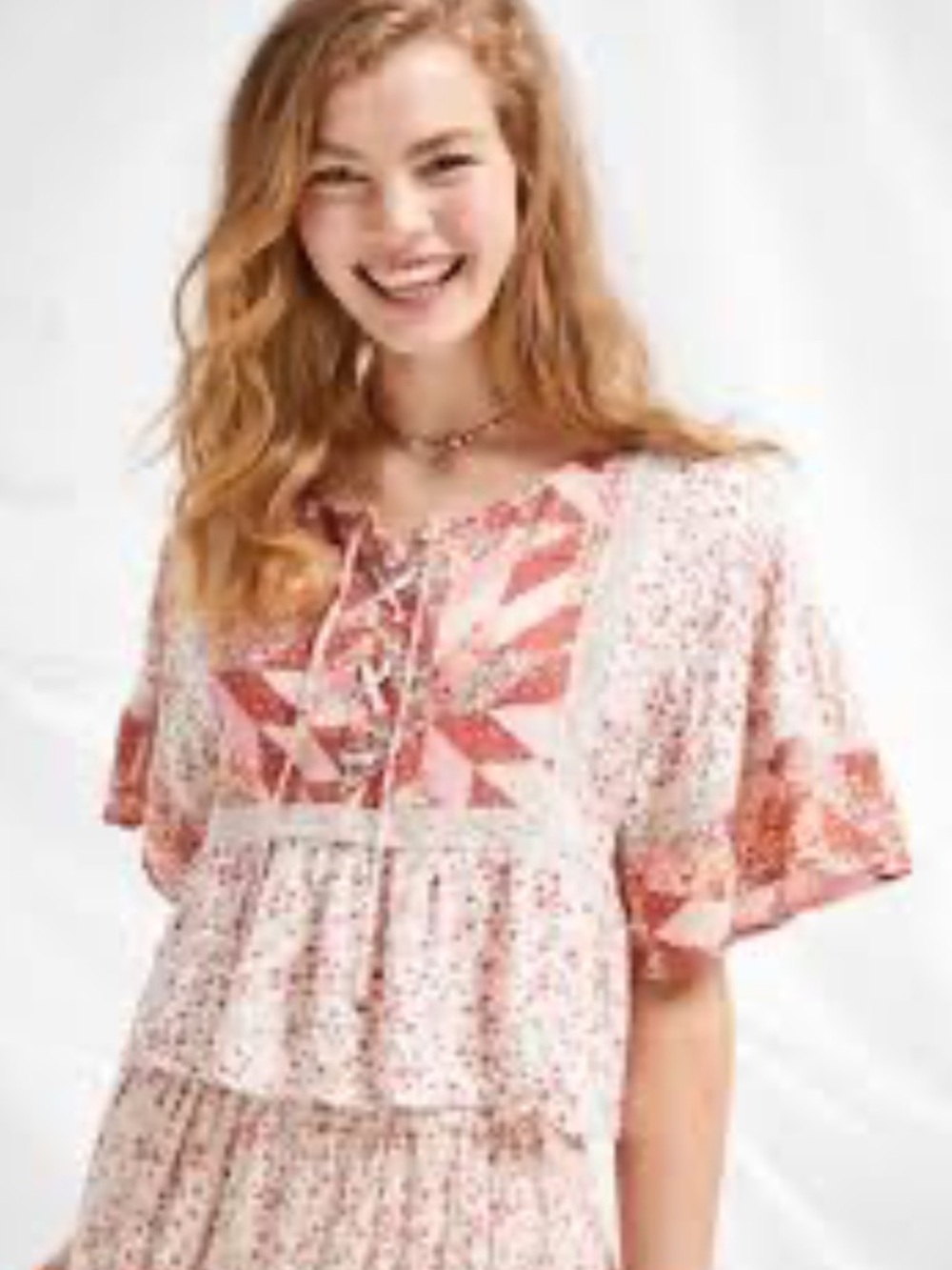 American Eagle Outfitters Pink Floral Lace-Up Flutter-Sleeve Blouse NWOT